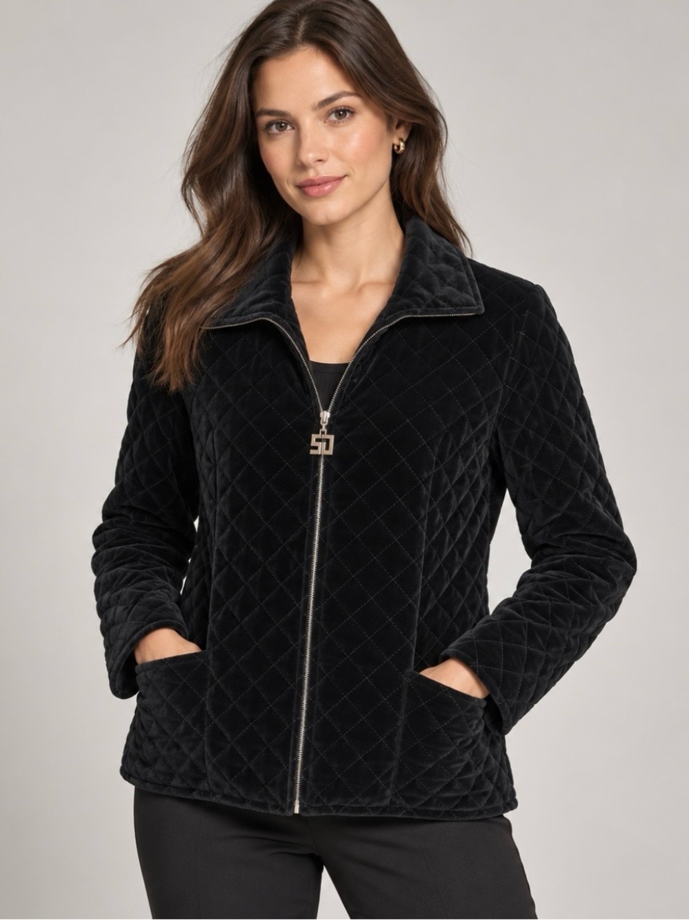 St. John Sport Vintage Black Quilted Velvet Logo Zip Jacket Size L Marie Gray